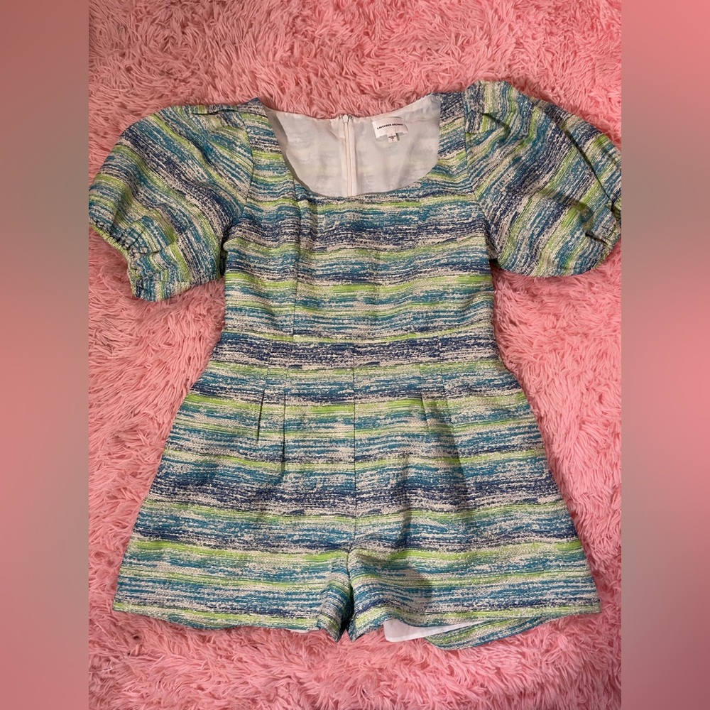 Lavender Brown Madison Romper Blue Green Tweed Puff Sleeve Square Neck Size L